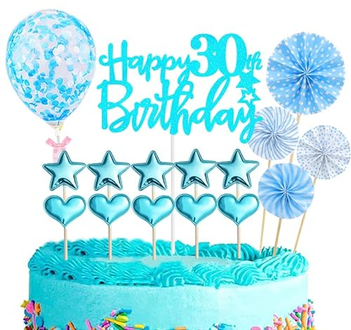 Tortendeko 30 Geburtstag Frau Mann,16 Stück Glitzer 30. Geburtstagstorte Topper,Blau Cake Topper Deko 30 Geburtstag,Happy 30th Birthday Kuchendeko Luftballons für 30. Geburtstag Party Kuchen Deko