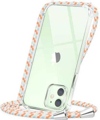 CAROKI Crossbody Case for iPhone 12/12 Pro, Necklace Mobile Phone Cover with Cord Strap, Clear Transparent TPU Soft Cover Holder with Neck Cord Lanyard Strap - Orange Blue
