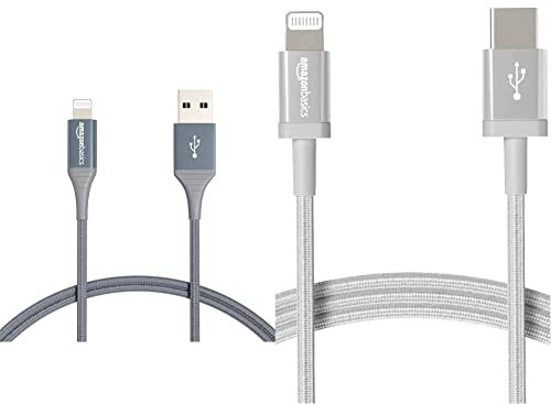 Amazon Basics Câble USB A vers Lightning en nylon double tressage Collection avancée Chargeur certifié MFi pour iPhone Gris foncé 1,8 m & Câble USB-C vers Lightning en nylon tressé - argenté, 1,8 m