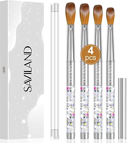 Saviland Pure Kolinsky Acrylic Nail Brush Set: 4PCS Acrylic Brush Size 6/10/12/14 Silver Glitter Metal Nail Brushes for Acrylic Powder Acrylic Monomer Liquid Nail Extension & Carving Women Gift Sets