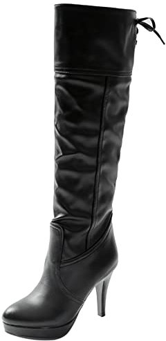 Lroey Reoly Stivali Alti da Donna con Tacco a Spillo, Stivali da Vestito Tacco Alto Punta Rotonda Boots Senza Chiusura Plateau 075 Nero-Lm Numero 36 EU