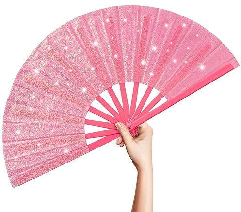 OMyTea Glitter Large Rave Folding Hand Fan - 13'' Foldable Clack Chinese Tai Chi Kung Fu Fan - for Festivals, EDM, Club, Dancing, Hot Flashes, Church and Gifts (Pink)