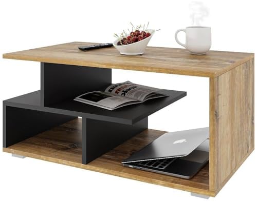 Meble Pitus Couchtisch Holz - Wohnzimmertisch Modern - Couchtisch mit Stauraum 90 x 50 x 49cm - Tisch für Wohnzimmer - Retro-Holz/Mattes Schwarz