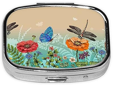 Pill Box 2 Compartment Medicine Pill Case with Mirror,Portable Pill Box for Pocket Or Purse Pill Box Decorative Unique Gift-Colorful Plants and Insects