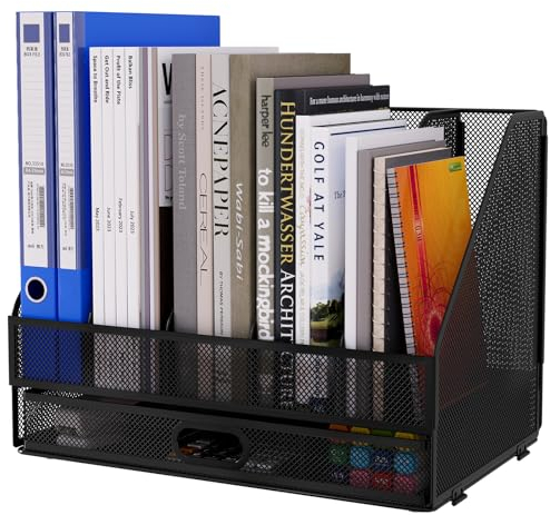 EasyPAG 5 Compartiments Métal Maille A4 Vertical Porte-Revues,Banette de Rangement Bureau,Corbeilles à Courrier,Organisateur de Magazine,Range Document,Bannette Papier avec Tiroir,Noir