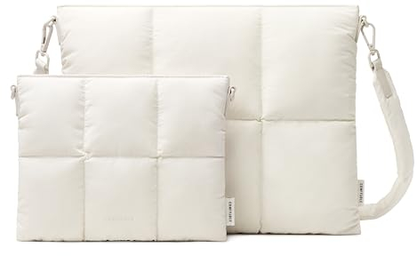 Comfyable Puffy Laptop Sleeve 13 Inch 14 Inch, Quilted Puffer Pillow Case with Strap Compatible for MacBook Air 13”, MacBook Pro 13 Inch 14 Inch, Sleeve & Organizer Bundle, Rice