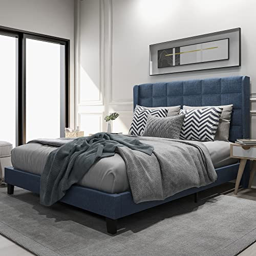 Zravenna Polsterbett 140x200 mit Seinem Gepolstertes Kopfteil, Doppelbett Bettgestell mit Lattenrost (Ohne Matratze), Jugendbett Bettrahmen für Schlafzimmer, Leinen, Blau(Blau,140x200cm-Ohne Matratze)