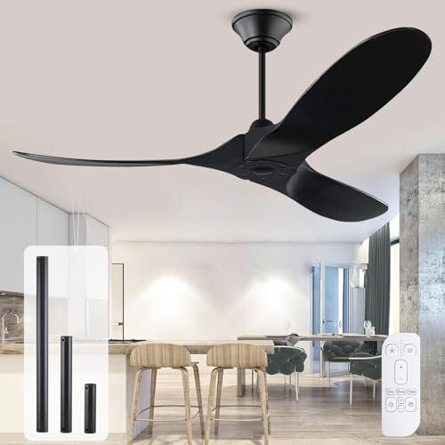 OUENGK 52 Inch Black Ceiling Fans No Lights, Modern Wood Outdoor Ceiling Fan for Patio, 3 Blades Propeller Ceiling Fan with Remote, Quiet Reversible DC Motor Fan for Exterior Porch Farmhouse