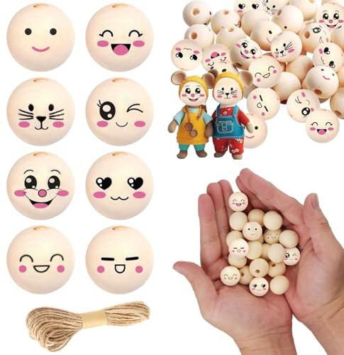 120 Stück Holzperlen mit Gesicht 20mm Runde Holzperlen mit 4,5mm Loch Natur Holzperle Lächeln Gesicht mit Hanfseil 8 Stile Gesicht Holzperle für DIY Handgefertigte Handwerk Armband Dekorationen