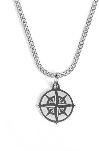 UNSHINEBAR Kompass Kette mit Anhänger für Herren und Damen - Streetwear Cuban Halskette mit Anhänger aus Edelstahl und 18K Gold - Wasserfeste Kette - 50-55cm Länge verstellbar (Silber)