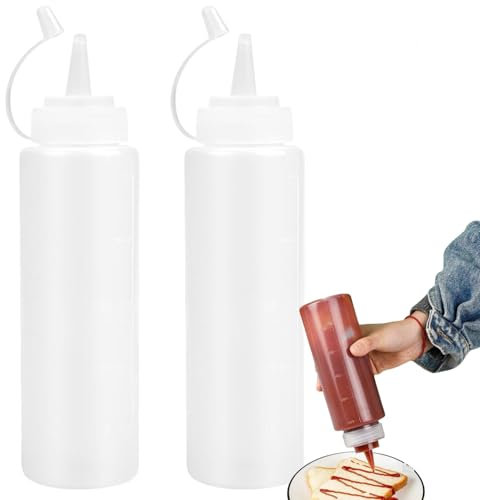 JUNEYE Bottles with Caps, 2 Pack Squeezy Sauce Bottles, Plastic Squeeze Dispensers with Measurements for Ketchup, BBQ, Sauces, Syrup, Dressings (500ML)