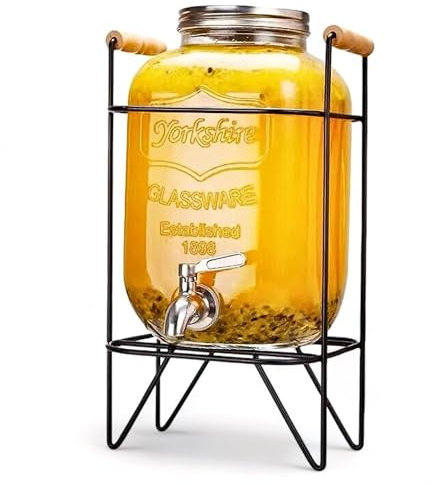 Catrinaz® - Distributeur de boissons avec robinet en inox - 4L - Support en métal noir finition bois - Style vintage - Pour toutes boissons froides