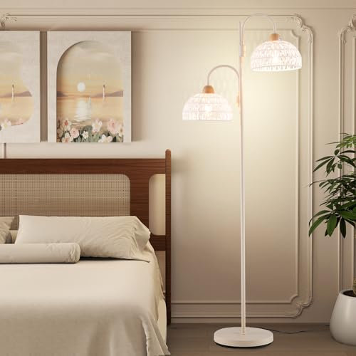COSTWAY Rattan Stehlampe Wohnzimmer, 350° drehbar, E27, Leselampe mit Fußschalter, Standleuchte mit Höhe 155 cm, Wohnzimmerlampe modern