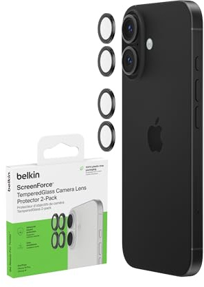 Belkin ScreenForce TemperedGlass Camera Lens Protector for Apple iPhone 16, 16 Plus - Case-Compatible Tempered Glass Lens Cover, Apple iPhone Accessories - 2-pack