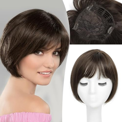 Flyroseing Mixed Dark Brown Hair Toppers for Thinning Hair Women Real Hair, Synthetic Straight Hair Topper Short Bob Hair Toppers with Bangs Side Part Hair Toppers for Women