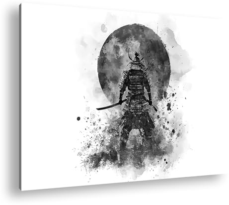 deyoli Samurai mit Rüstung, steht vor einer brennend roten Sonne Format: 120x80cm Effekt:Schwarz&Weiß XXL Kunstdruck Motiv auf Holzrahmen/Leinwandbild/Wandbild/Wohnzimmer Dekoration