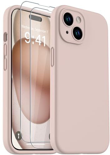 CASELIVE for iPhone 15 Case, Liquid Silicone Case with [Tempered Glass Screen Protector] Full Body Shockproof Soft Anti-Scratch Microfiber Lining Phone Case for iPhone 15 6.1 inch(Pink)