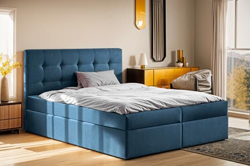 Kaiser Möbel - Boxspringbett 200x200 cm - Bett mit Bettkasten, Matratze H2 Mittelweich - Hohe Kopfstütze, 2 Matratzen und 2 Bettkästen - Polsterbett LUDANO, Stoff Noel Blau