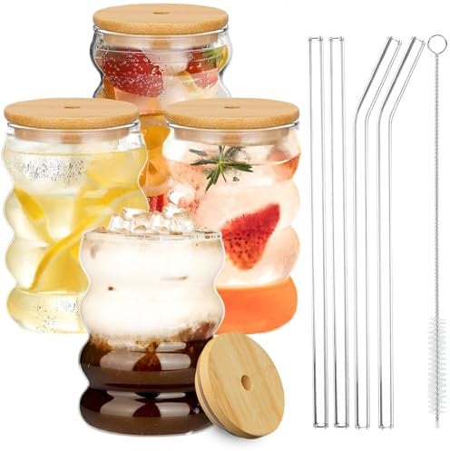 ELLECILA 4PCS Iced Coffee Glasses, 350ml Matcha Glass with Straw, Iced Latte Glass, Cups Mini Cute Ripple Shaped Vintage Ribbed Glassware Wavy Glasses for Coffee Milk Juice Tea