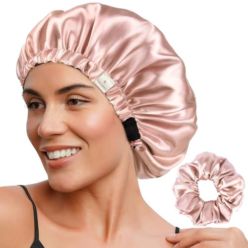 YANIBEST Bonnet en satin double couche - Bonnet réglable pour femme avec cheveux naturels bouclés, Rose, taille unique