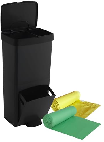Pack Cubo de basura o reciclaje 70L en NEGRO, VERTICAL, 2 Compartimentos, Papelera residuos, 76 cm, INCLUYE bolsas de basura adaptadas 30+40L