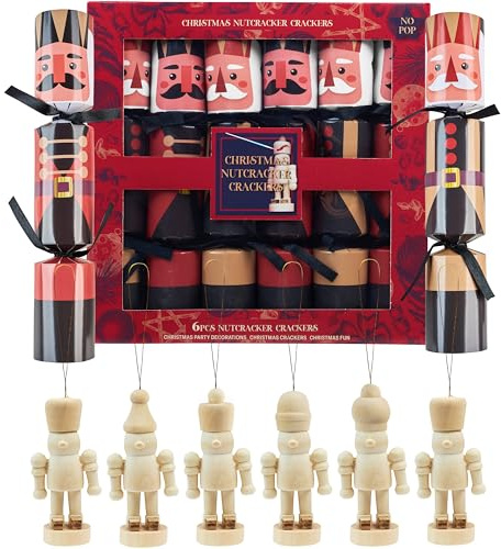 KreativeKraft Christmas Crackers with Wooden Nutcracker Paint Your Own Set, Hats & Jokes, No Snap Party Favors & Table Decorations (Multi Nutcrackers)