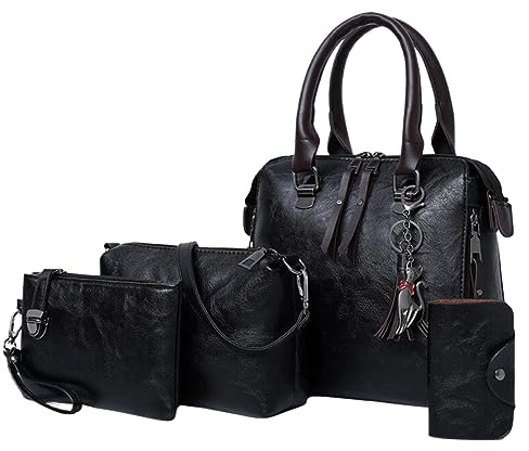 Generisch Lederhandtasche Damen Schwarz Umhängetaschen Tragetaschen Set Für Damen,Modische Handtaschen,Geldbörse,Tragetasche,Schultertasche,Henkel Oben,Handtasche Mittelgroß Tote Bag Schwarz