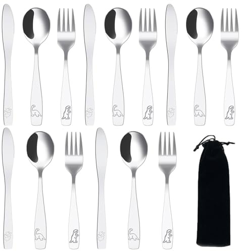 15 Stück Kinderbesteck Edelstahl - 5 x Gabeln 5 x Löffel 5 x Messer mit Dinosaurier Gravur Kinder Besteck Set mit Tieraufdruck Besteck Kinder ab 3 Jahre Kinderbesteck Mit Gravur für Kinderzeit, Silber