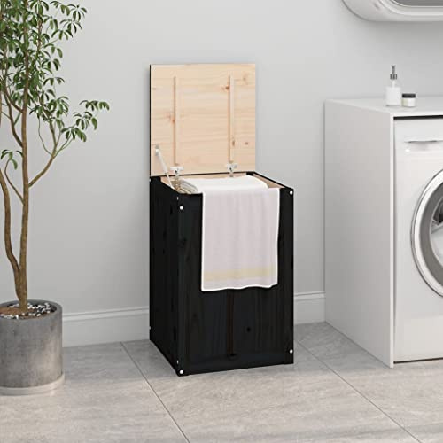 Wäschetruhe mit Deckel, Wäschesammler für Schlafzimmer Badezimmer Waschküche, Robust und langlebig, Großer Stauraum, Schwarz 44x44x66 cm Massivholz Kiefer