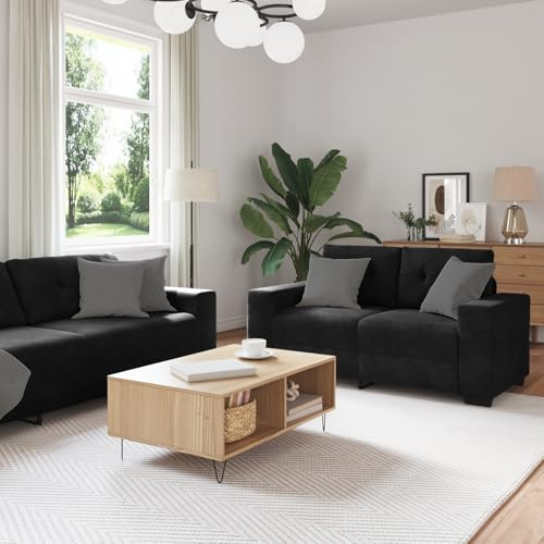 Qnhdfrt 3-TLG. Samt Sofa Garnitur Schwarz mit Kissen, Kompakte Couch Garnitur inklusive Sessel, 2-Sitzer und 3-Sitzer Sofa für Wohnzimmer, Büro, Schlafzimmer