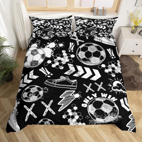 Homewish Housse de Couette 200x200 Enfant Football 3 Pièces, Parure de Lit Ado Garcon À Thème Sportif, Sets de Housses de Couettes Jeux de Ballon de Football, Couvre Lit Nid d'abeille Vintage