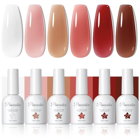 PEACECOLOR UV Nagellack Set 10ML - 6 Farben Milchig Weiss Nude Rot Braun Milchig Weiß Gel Nagellack Set Lange Dauer Jelly Gel Polish für Maniküre Nageldesign Geschenke