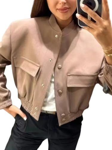 Jinsha Veste Bomber Courte pour Femme Mi Saison - Vestes Automne Legere Femmes Chic et éLéGante avec Poche Rose M