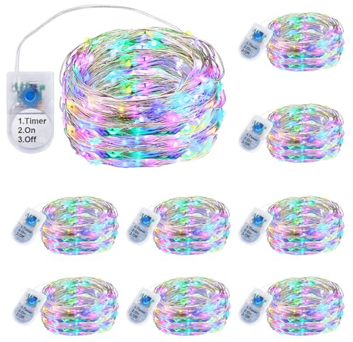 innolife 9 Stück Lichterkette Batterie mit Timer, 2M 20 LEDs Mehrfarbig | Silberdraht Wasserdichte Lichterkette Innen, Lichterketten Batteriebetrieben (CR2450 Batterie) für Weihnachten Halloween Deko