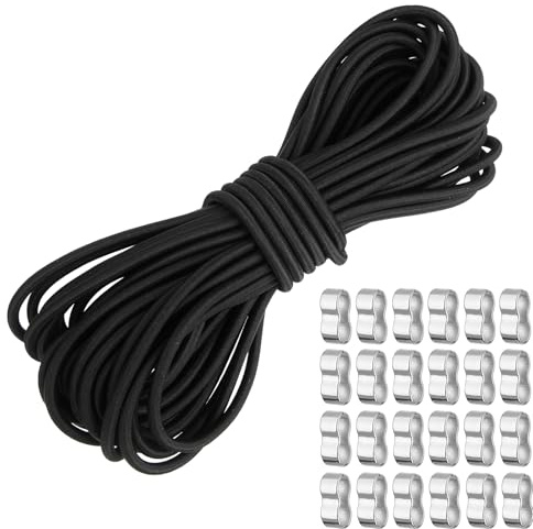 4mm Black Bungee Cords, 10m Elastic Cord, Thick Shock Bungee Cord with Hook | Heavy Duty Bungee Cords for Caravan, Camping, Cargo, Tarpaulin, Kayak, with 24 Zinc Alloy Crimp Loops