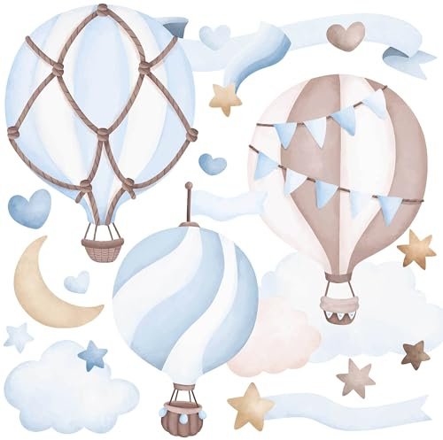 Muralo Wandtattoo Set Boho-Ballons in den Wolken, UV-beständig - 120x60 cm | Wandsticker, Modernes Design - ideal für Kinderzimmer, für Mädchen und Jungen, einfach anzubringen