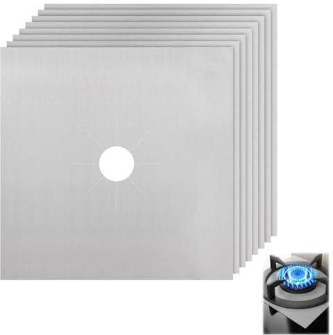 Gas Stove Hob Burner Protectors, 27 x 27 cm Non-Stick Stovetop Burner Liner Cover, Reusable Washable Removable Free Cutting High Temperature Resistant Gas Range Mats for Kitchen, 8 Sheets (Silver)