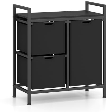 COSTWAY Laundry Basket, 2/3-Compartment Laundry Hamper Washing Basket with 2/3 Pull-Out Removable Bags and Shelf, Metal Frame Dirty Clothes Sorter Bin (Black, 2 Small Bags+1 Large Bag)