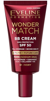 Eveline Cosmetics Wonder Match BB Cream SPF 50 – Getönte Tagespflege für Satin-Glow & Feuchtigkeit – Aufbaubare Deckkraft mit Hyaluron, Niacinamid & CICA