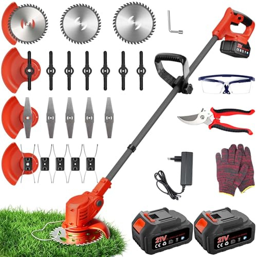 Rasentrimmer mit Akku, 850W Klappbarer Akku Freischneider mit 2X4.0AH Batterien, Akku Rasentrimmer & Rasenkantenschneider mit 4 Messertypen, Elektrischer Motorsense für Garden und Rasen