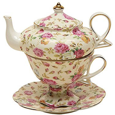 Gracie China by Coastline Imports 4-Piece Porcelain Tea for One, Stacked Teapot Cup Saucer, Cream Cottage Rose Chintz