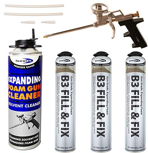 Kit - 3 x 750ml Expanding Foam Cans, 1 x Professional Gun, 1 x 500ml Gun Cleaner PU Grade