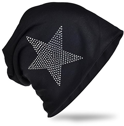 Miobo Jersey Slouch Beanie Long Mütze Stern mit Strass Stern Applikation,Schwarz