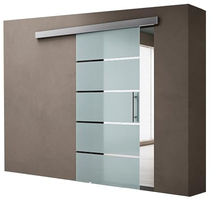 doporro Glasschiebetür Komplettset Softclose 77,5 x 205 cm | 15mm Wandabstand | Schiebetür mit ESG-Sicherheitsglas | Zimmertür Glas mit 5-Milchglas-Streifen mit Stangengriff | Amalfi-plus 13