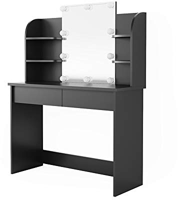 Vicco Schminktisch Charlotte, Kosmetiktisch mit Spiegel, Schwarz, 108 cm mit LED Beleuchtung