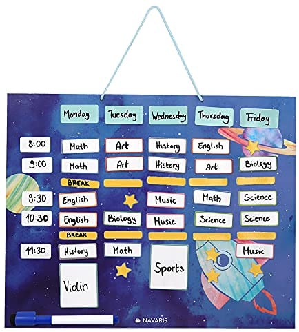Navaris abwischbarer Wochenplan magnetisch 40 x 32cm - mit 115 Magneten und Stift - Magnettafel Familienplaner Wochenplaner Tafel - Astronautendesign