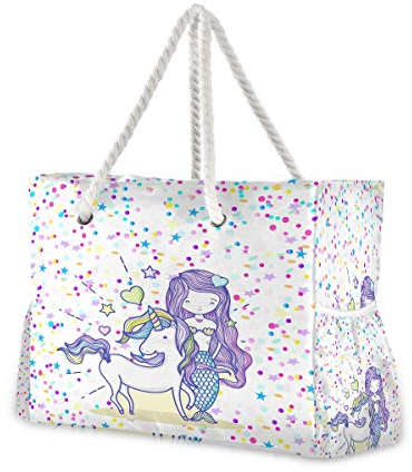Mnsruu Strandtasche XXL, Einhorn Meerjungfrau Mädchen Schulter Strand Tote, Baumwolle Seil Griffe Reise Tote Tasche für Frauen