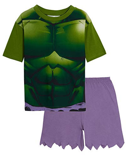 Marvel Pigiama corto per bambini con Hulk, motivo: Avengers, set di pantaloncini, Verde/Viola, 7-8 Anni