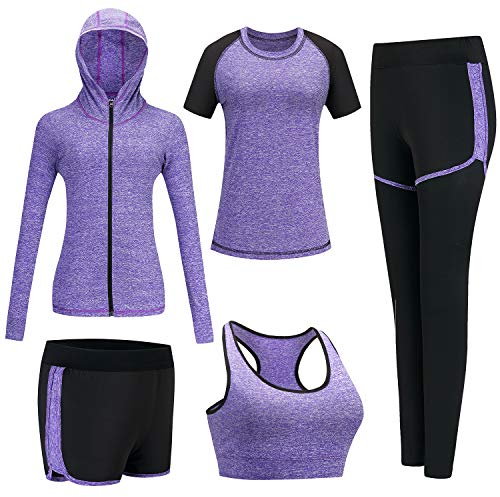 BOTRE Damen Traingsanzug Sport Set 5er-Set Sportanzüge Jogginganzug PLm Fitness Yoga Kleidung Laufbekleidung Sportswear Yoga Outfit Damen BH Leggings Set(Lila, Large)