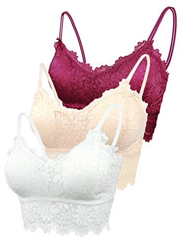 FEOYA - Damen-BH mit Spitze, 1 Stück / 3 Stück / 6 Stück, abnehmbar, mit Polster, ohne Bügel mit doppelten Trägern, für Yoga und den täglichen Gebrauch, Weiß + Rot + Beige, M